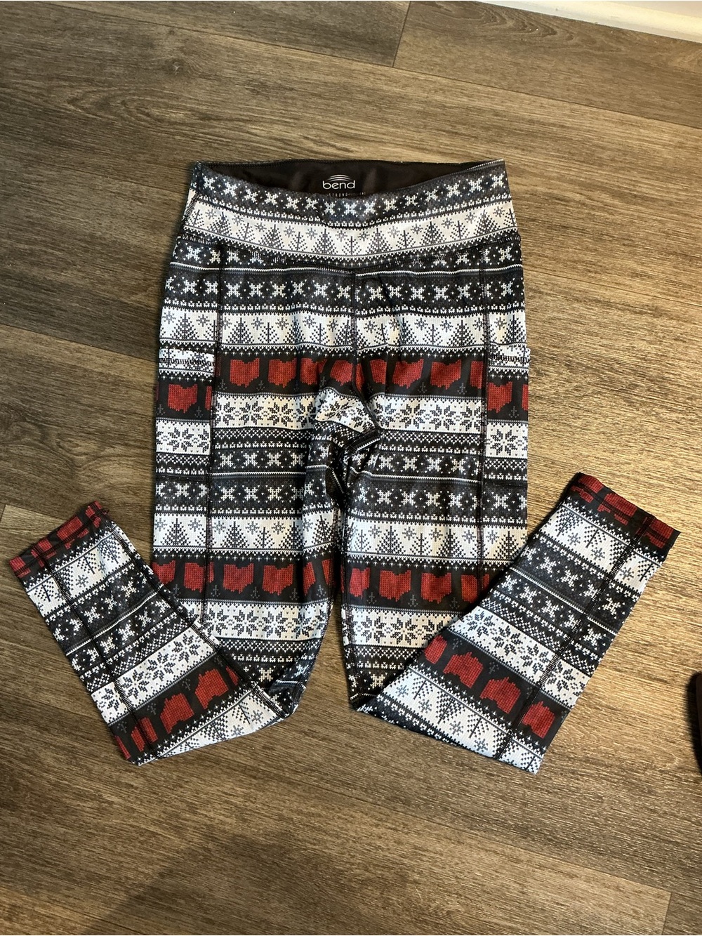 BEND black, red and white Womens leggings. Winter Theme with Ohio outlined